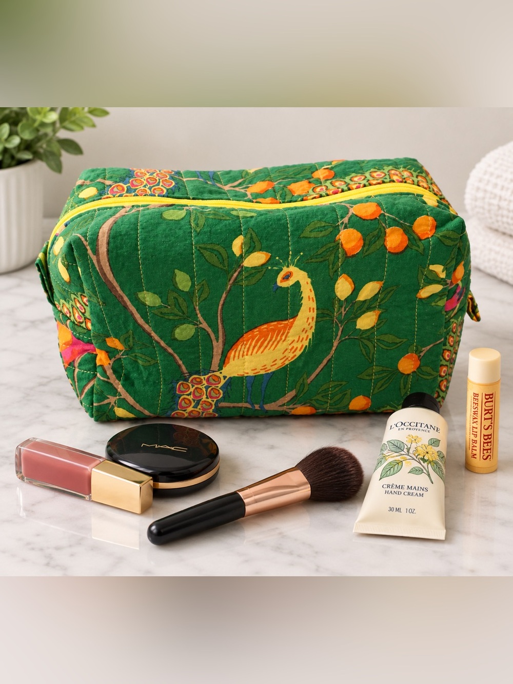 Handmade Green Peacock Quilted Cosmetic Bags